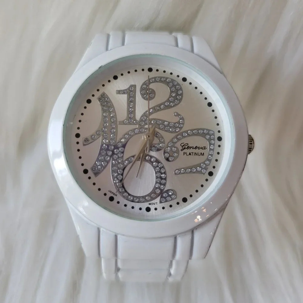 Geneva Platinum Brand White Cuff Bracelet Watch